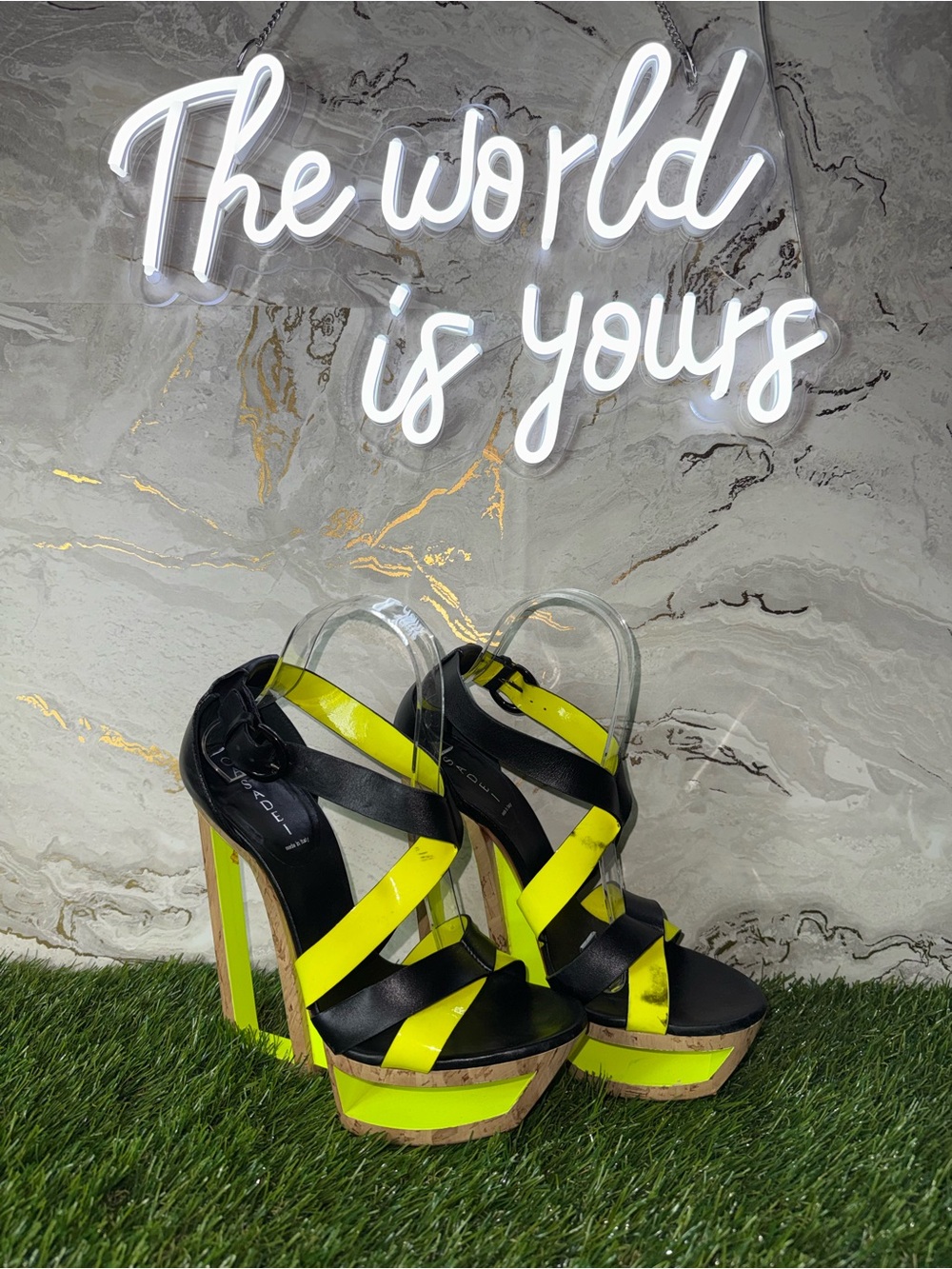 Casadei’s Fontana Cut Out Neon & Black Platform Sandals Size 9